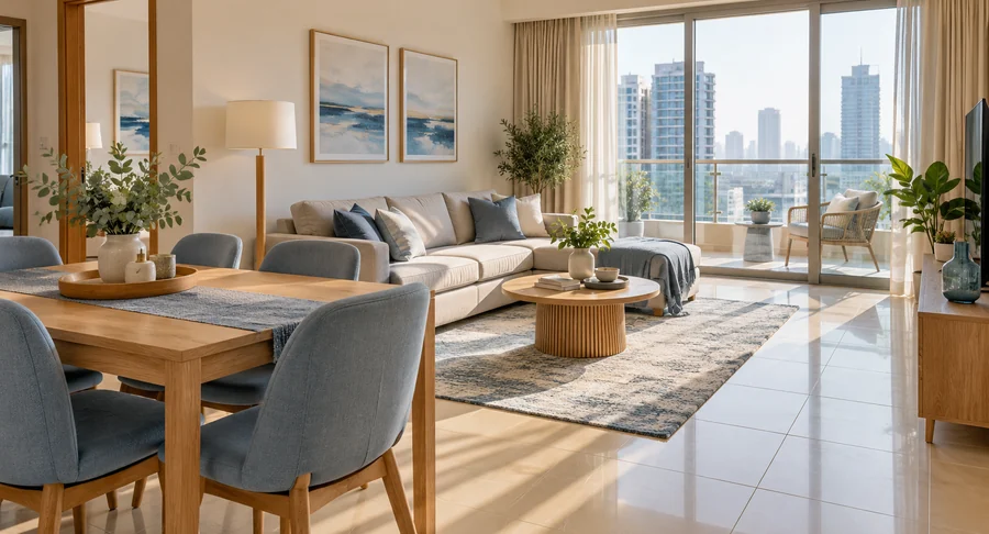 Clean apartment dining and living area with large glass doors after deep cleaning
