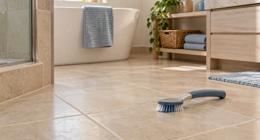 Scrub brush on clean bathroom tile floor after floor and grout cleaning service