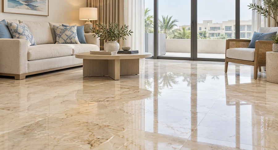Polished reflective marble floor in living room after marble polishing and restoration service