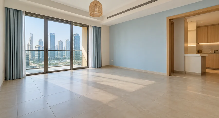 Empty apartment living room with sliding glass doors after move out cleaning