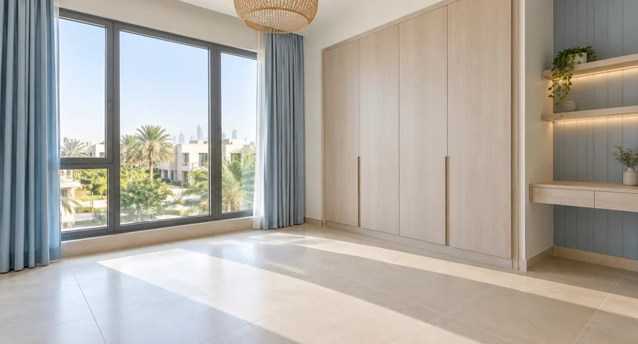 Clean bright bedroom with large window after post construction cleaning service