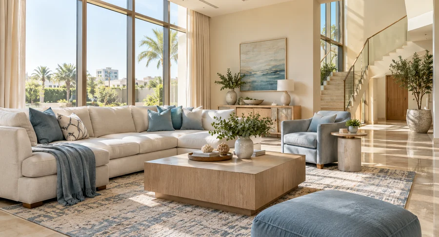 Sunlit luxury villa living room with floor-to-ceiling windows after deep cleaning service