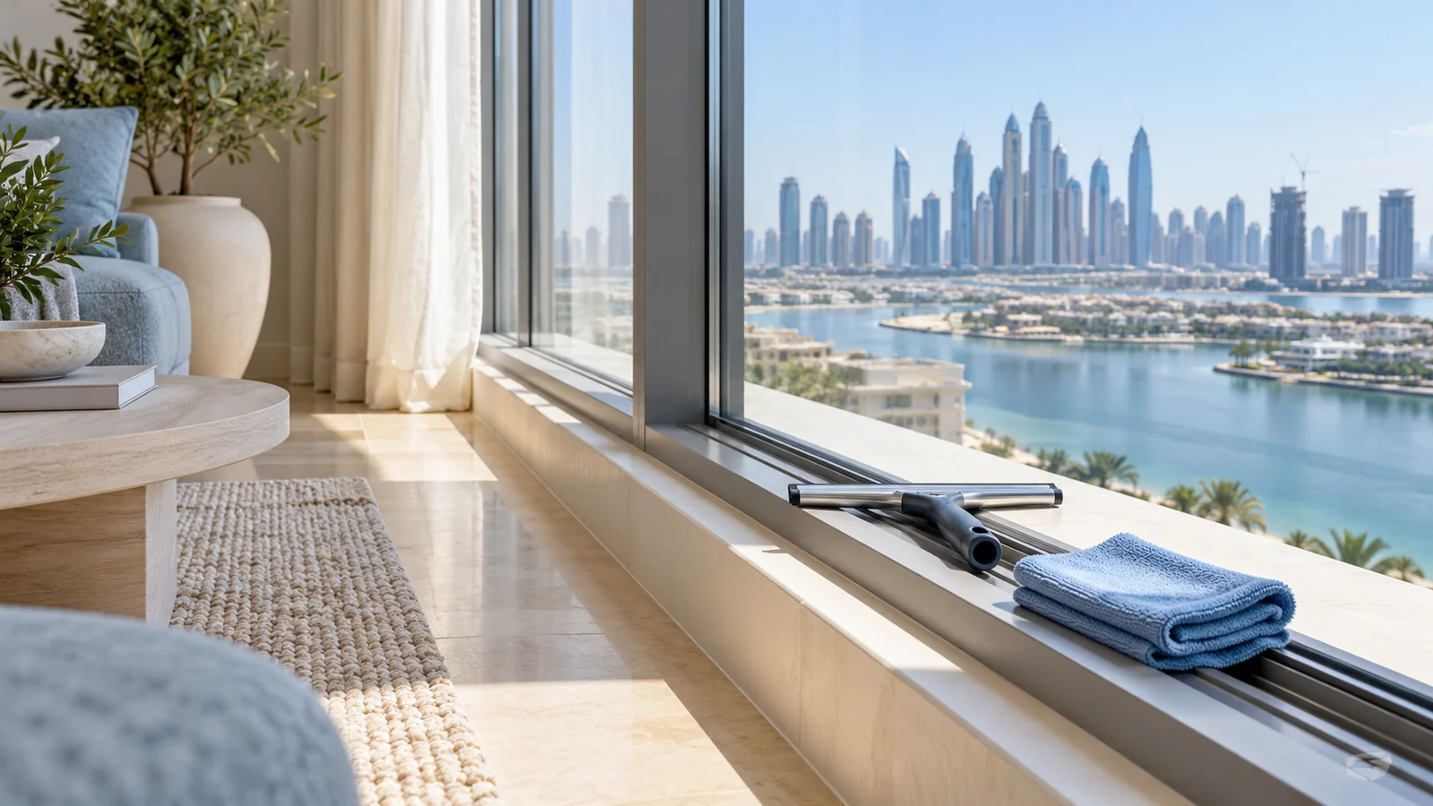 Window squeegee and blue cloth on window track overlooking city skyline after window cleaning service